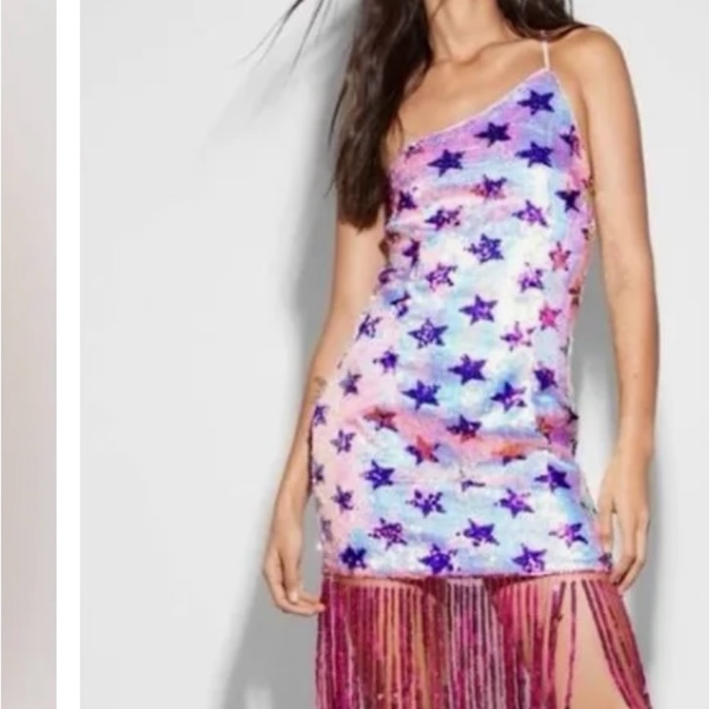 Star Sequin Fringe One Shoulder Mini Dress